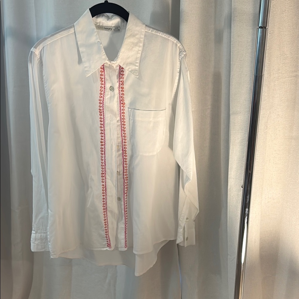 White Button-Up Shirt with Red Embroidery